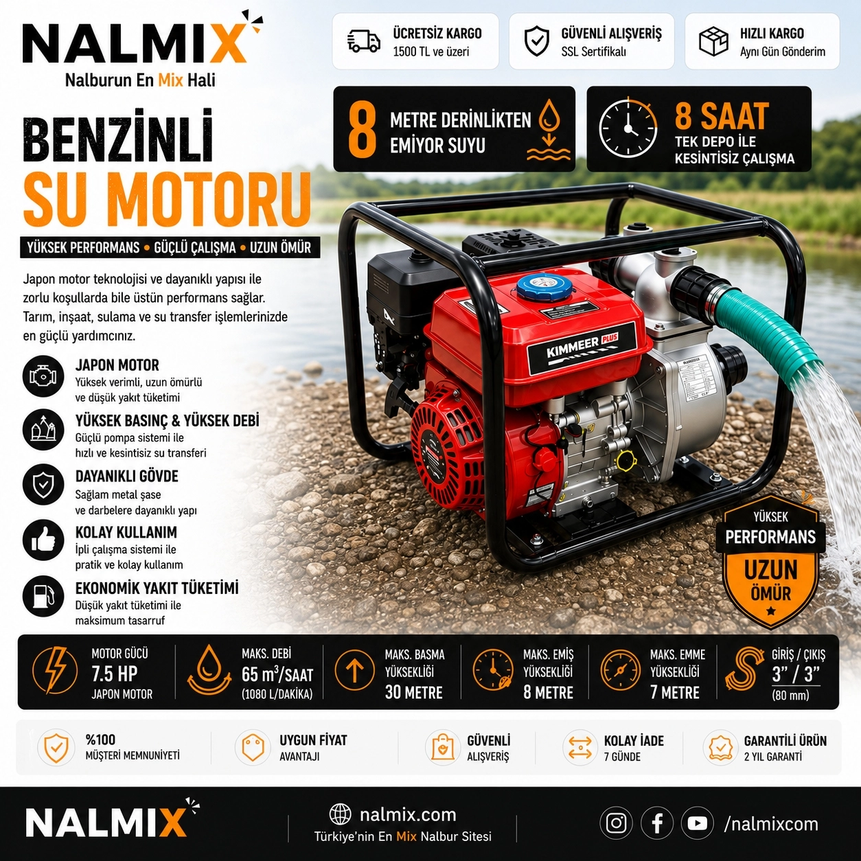 Kimmer Plus 7.5 HP Benzinli Su Motoru 3 İnç