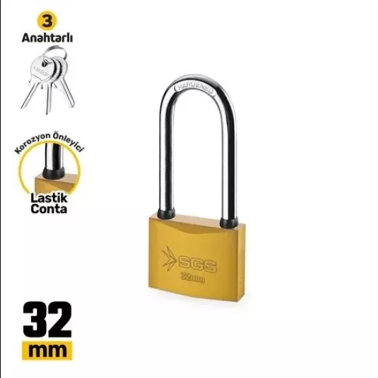 SGS Sarı Boyalı Uzun Kancalı Asma Kilit 32 mm